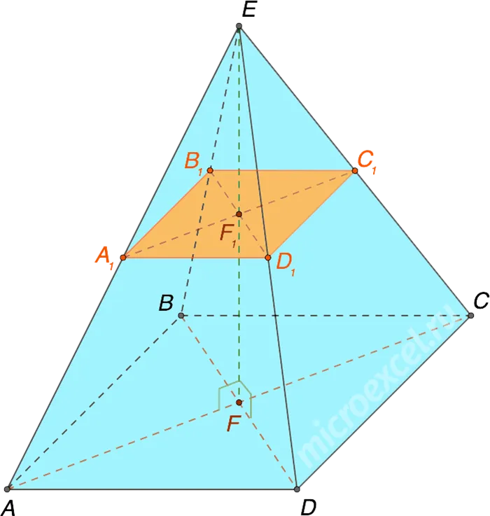 Сечение четырехугольной пирамиды на уровне, параллельном основанию