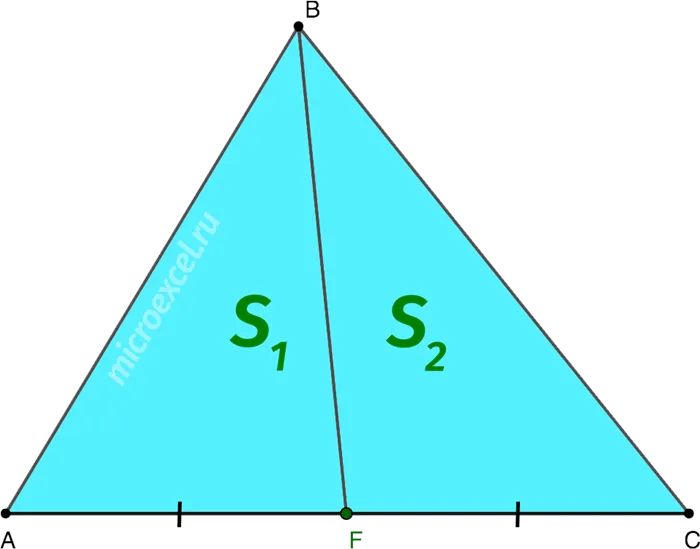 Разделите треугольник на два равных треугольника по медиане