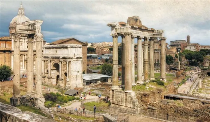 Римский форум с колоннами храма Сатурна в центре, за которым следует арка Победы Септимия Севера