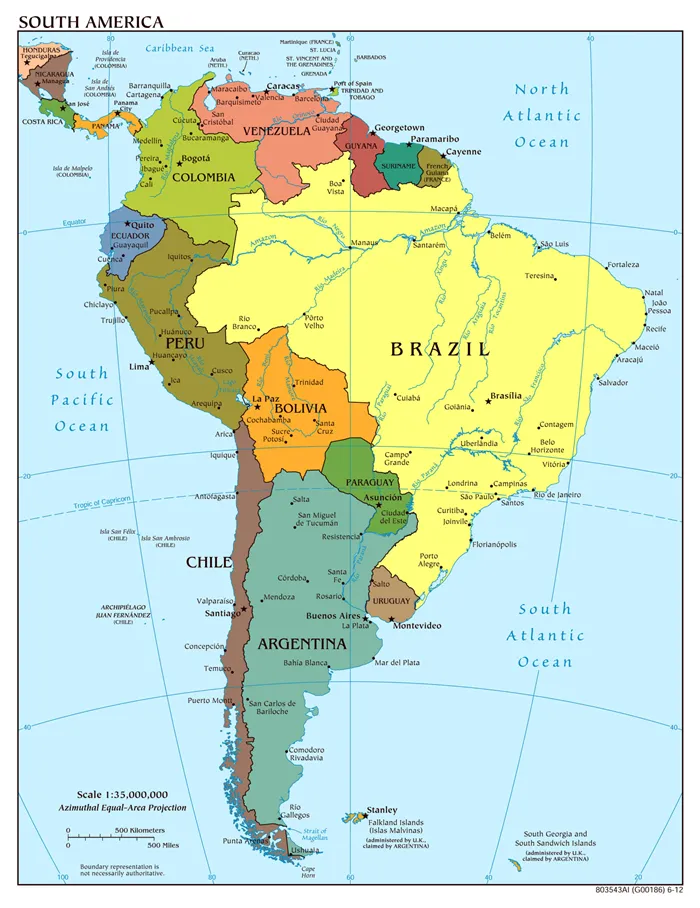 Подробная карта Южной Америки.