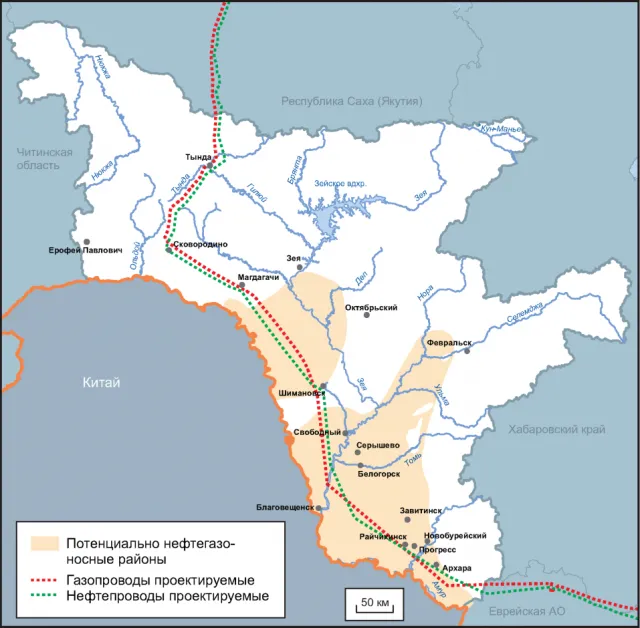 Возможные нефтяные танкеры и газовые районы и предусмотренные трубопроводы в Амурской области
