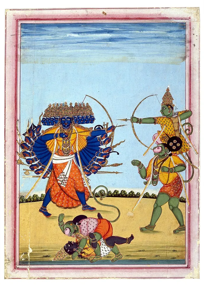 Рама (справа), сражающийся с предводителем демонов Раваной, сидит на плечах Ханумана, заговорщика Рамагьяны. Рамаяна - это не только древний индийский эпос, но и священный индуистский текст.