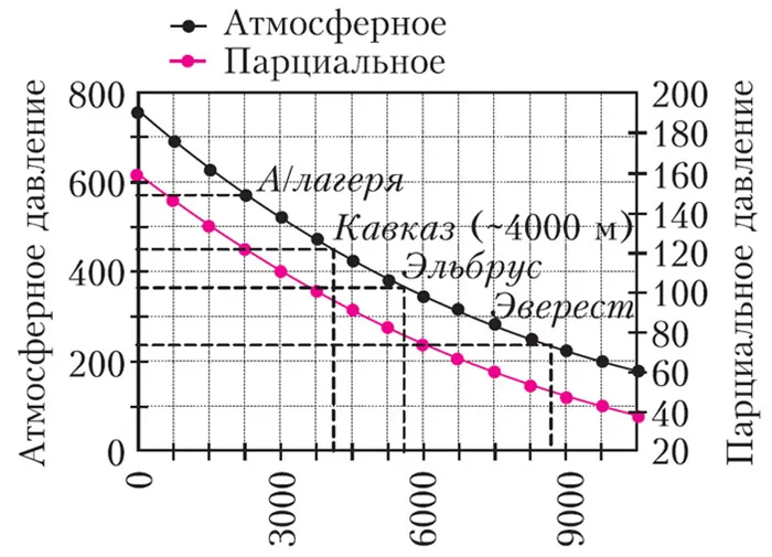 Рисунок 1.Зависимость атмосферного давления и парциального давления кислорода от высоты над уровнем моря (