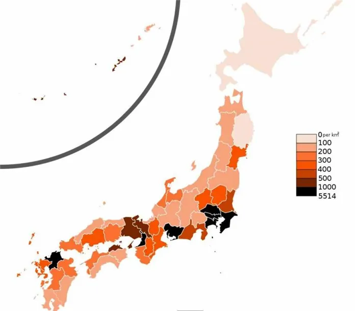 Карта плотности населения Японии - Карта плотности населения Японии.