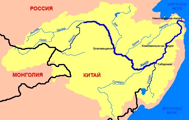Река Амур на карте России. Источник, где расположен рот? Описание: длина, глубина, настоящее, города.