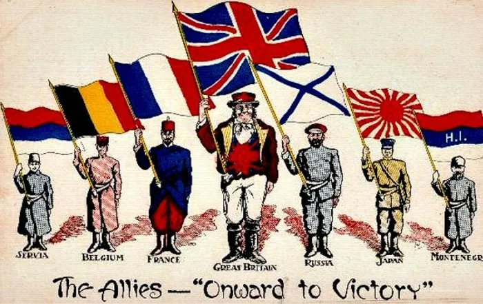 1910 год, французский план, на котором изображены страны Антады и их антигерманские союзники в виде флагов с национальными флагами. Видны флаги Бельгии, Франции, России, Великобритании и Сербии.