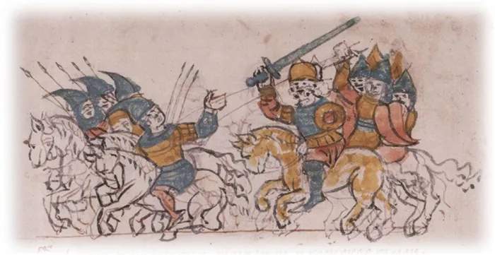 Поход инквизитора Долгорукого с болгарами против Булгарии на Волгу на миниатюре в Радзивилле.