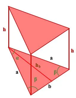 Призма с равнобедренным треугольником в основании, стороны и углы которой обозначены высотой равнобедренного треугольника