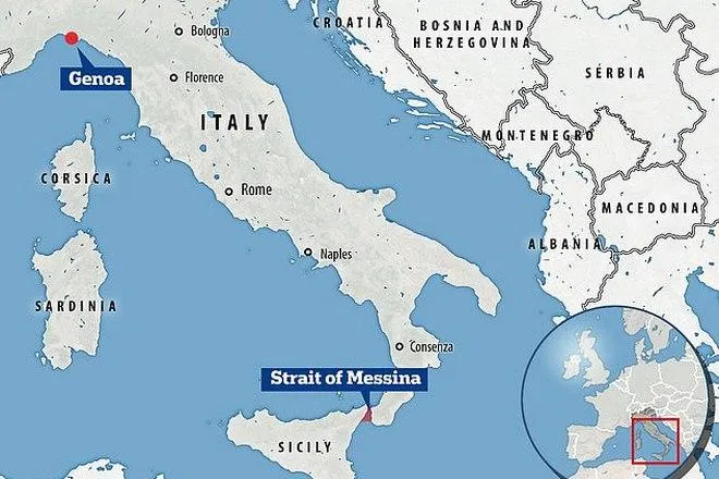 Мессинский пролив между Сицилией и Италией.