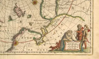 Circulo arctico, линия арктического круга, обозначена красным цветом на голландской карте 1641 года.