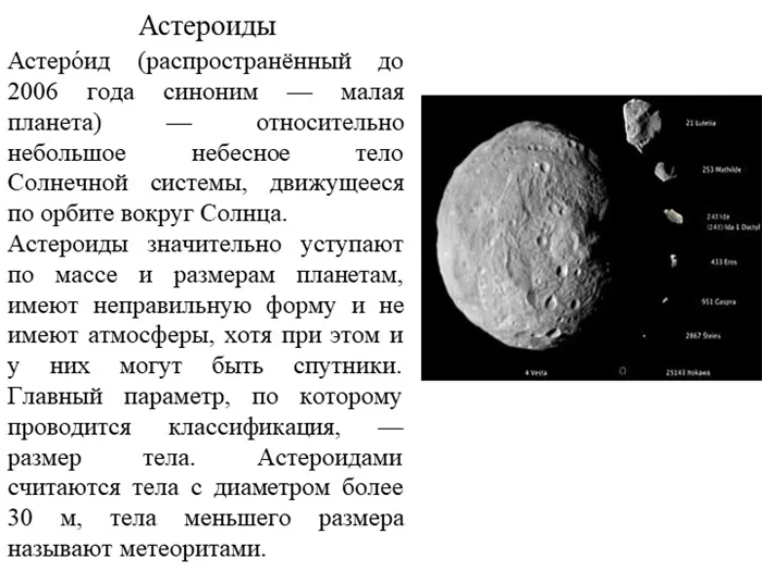АстероидыАстероиды (обычные синонимы малых планет до 2006 года).