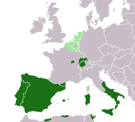 Европейские территории, находившиеся под властью испанского короля в 1580 году (Нидерланды показаны светло-зеленым цветом), на карте, показывающей современные границы.