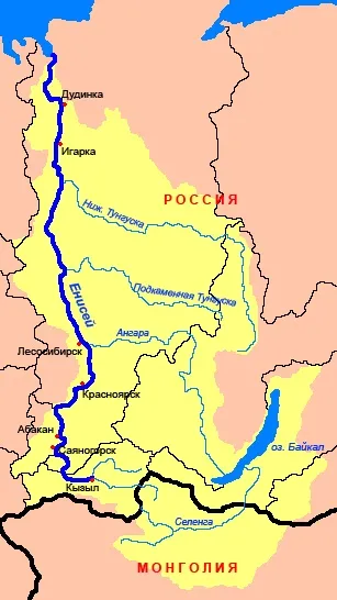 Река Енисей на карте России. Источник, устье, длина, глубина, направление течения, длина, куда течет