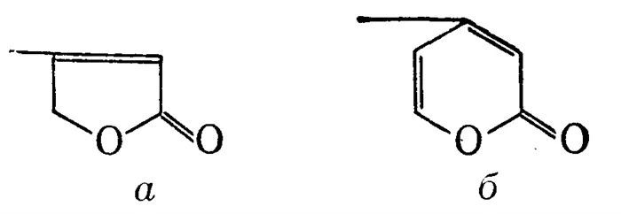 Рис. 2. Структурные типы лактонных колец, составляющих молекулу сильноветвистого гликозида: a - γ-лактонное кольцо, составляющее a-карденолид- b - d-лактонное кольцо, составляющее a-буфодиенолид.