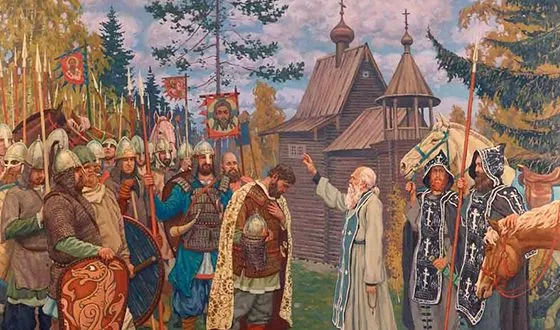 Сергий Радонежский благословляет Дмитрия Донского на Куликовскую битву.