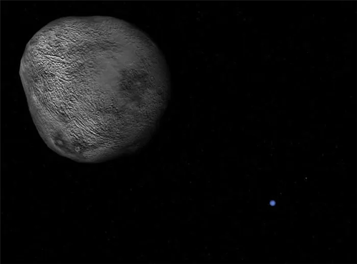 Нереида и Посейдон на заднем плане (скриншот из программы Celestia). Отличное изображение поверхности спутника.