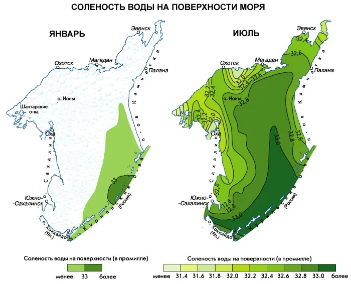 Охотское море на карте России. Соленость, ресурсы, площадь, глубина, характеристика