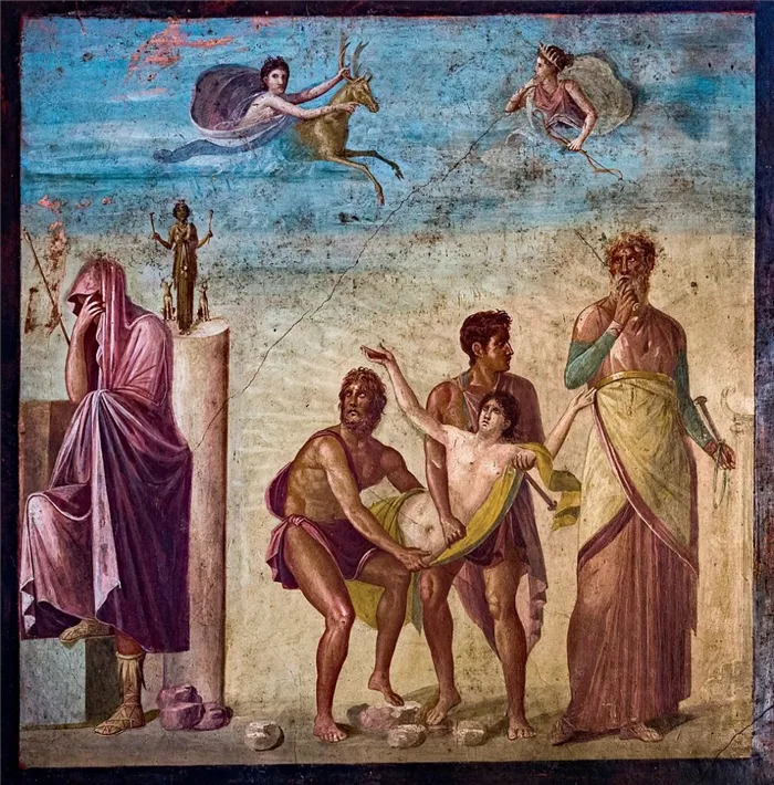 Одиссей и Диомед несут Ифигению к жертвеннику. Античная фреска из Помпей