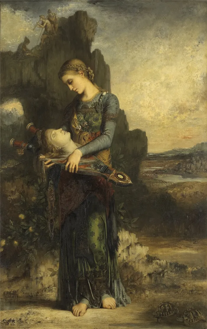 Миф об Орфее. Гюстав Моро. «Фракийская девушка с головой Орфея на лире», 1866