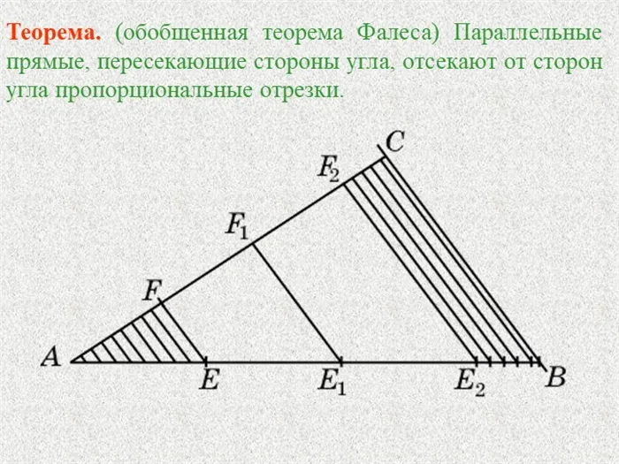 Теорема. (обобщенная теорема Фалеса) Параллельные прямые, пересекающие сторон. 