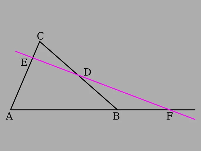 треугольник ABC, розовая линия пересекает AC в точке Е и BC в точке D, третья сторона AB продолжена до пересечения (точка пересечения F)