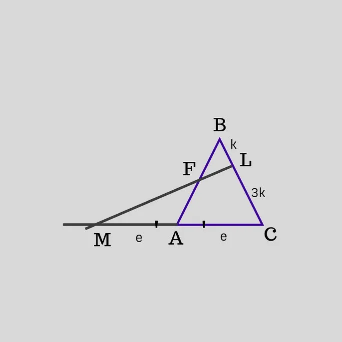 треугольник ABC, линия ML пересекает AB в точке F и BC в точке L, третья сторона AC продолжена до пересечения (точка пересечения M)
