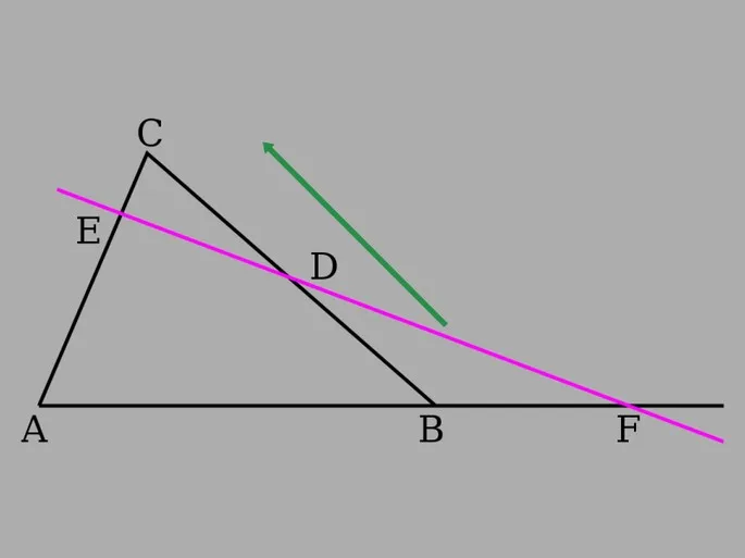 со стрелкой треугольник ABC, розовая линия пересекает AC в точке Е и BC в точке D, третья сторона AB продолжена до пересечения (точка пересечения F)