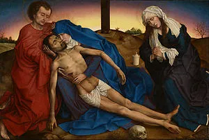 Pietà. Circa 1441 date QS:P,+1441-00-00T00:00:00Z/9,P1480,Q5727902 oil on panelmedium QS:P186,Q296955;P186,Q106857709,P518,Q861259. 32.5 × 47.2 cm (12.7 × 18.5 in). Brussels, Royal Museums of Fine Arts of Belgium.
