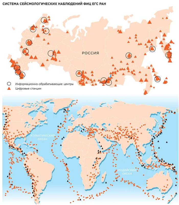 Карта распределения крупных землетрясений (кружки) и активных вулканов (треугольники) в мире