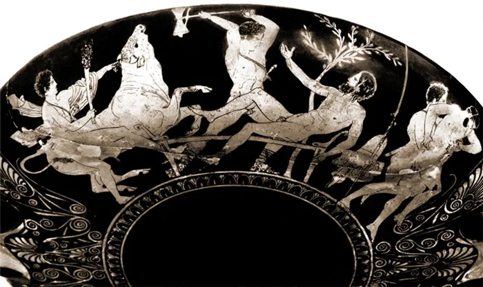 Подвиги Тесея, центральный фрагмент — убийство Прокруста, ок. 420—410 годов до н. э.