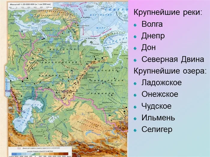 Крупнейшие реки: Волга Днепр Дон Северная Двина Крупнейшие озера: Ладожское О. 