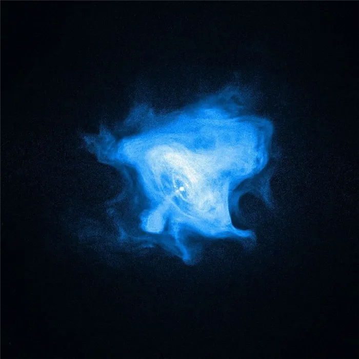 Белая точка в центре – нейтронная звезда. Внутреннее рентгеновское кольцо – ударная волна. Она отмечает черту между туманностью и потоком материи и антиматерии от пульсара. Перпендикулярные кольцу струи выходят из частичек. На внешней границе туманности можно рассмотреть петли, созданные высокоэнергетическими магнитными силами.