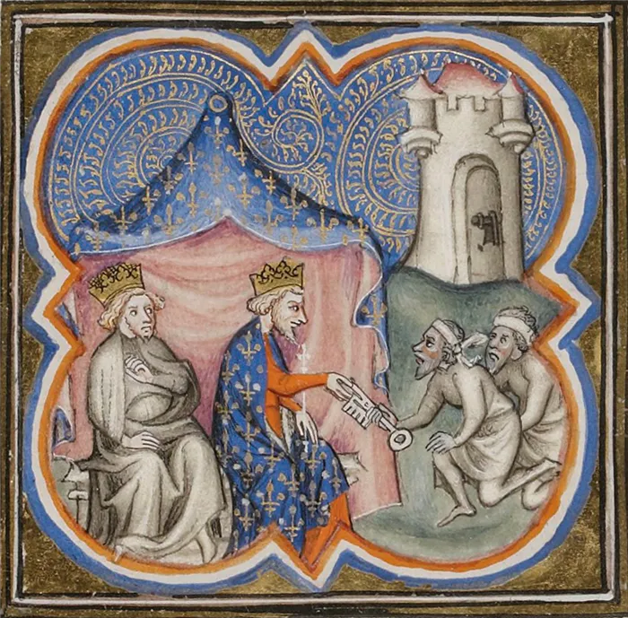 Филипп Август и Ричард Львиное Сердце получают ключи от Акры (1191).