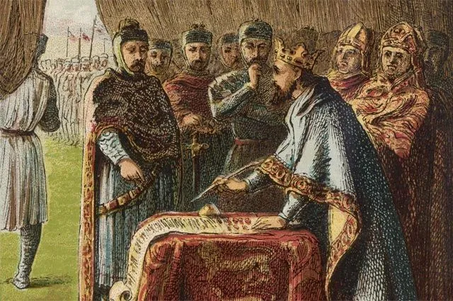 Король Джон под давлением баронов подписывает Великую хартию на Темзском острове Руннимед 15 июня 1215 г.