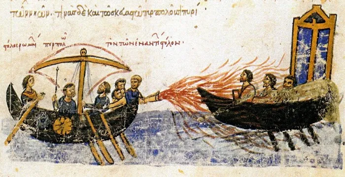 Метание «греческого огня» из сифонов во время морского боя. Миниатюра из «Хроник Иоанна Скилицы», Мадридский список