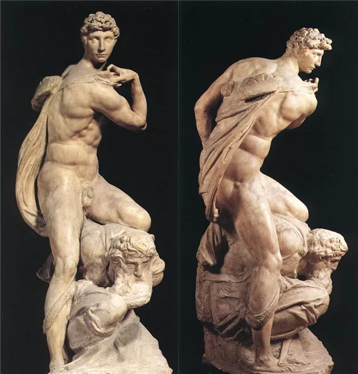 Микеланджело. Дух победы. 1532—1534. По некоторым версиям в образе юноши изображён Томмазо Кавальери, а в образе побеждённого - Микеланджело