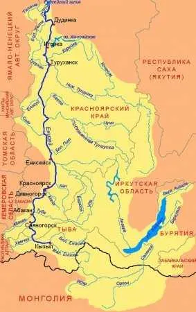 Реки в Красноярске и Красноярском крае, река Енисей на карте