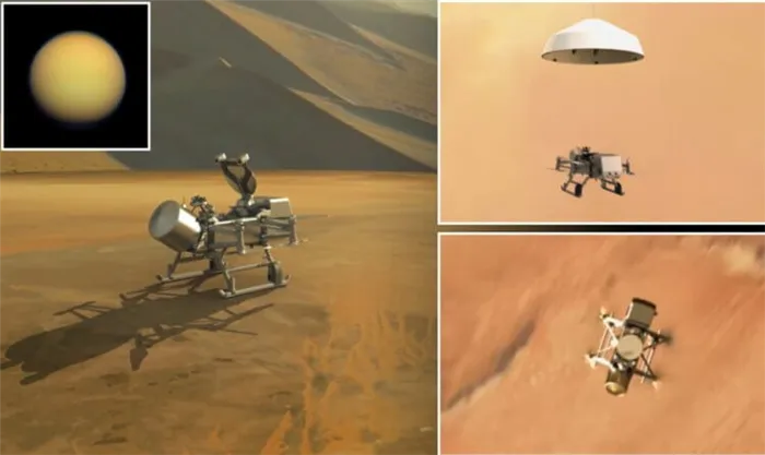 Космический аппарат Dragonfly для изучения Титана. Аппарат Dragonfly опустится на Титан при помощи парашюта. Фото.