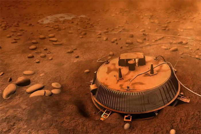 Изучение Титана — самого крупного спутника Сатурна. Зонд «Гюйгенс» на поверхности Титана. Фото.