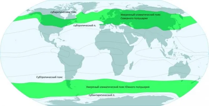 Географическое положение умеренного климатического пояса в Северном и Южном полушариях Земли