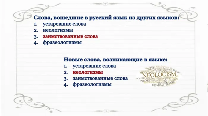 Слова, вошедшие в русский язык из других языков: устаревшие слова неологизм. 