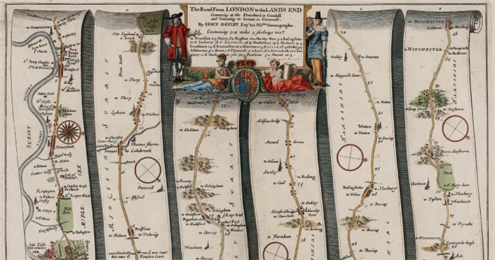 карта дорог Британии из атласа Огилби 1675 год