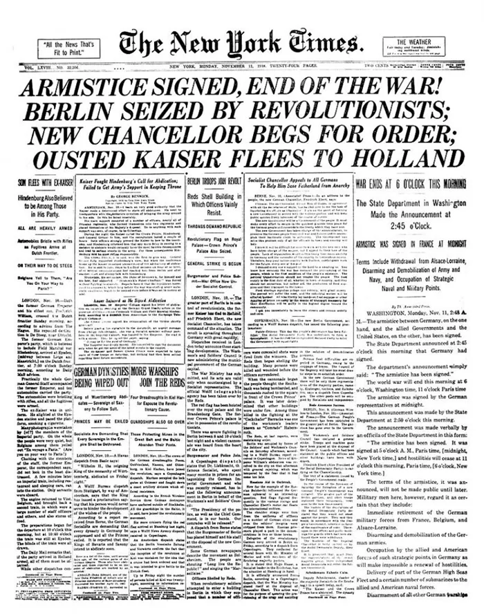 Первая полоса The New York Times 11 ноября 1918 г.