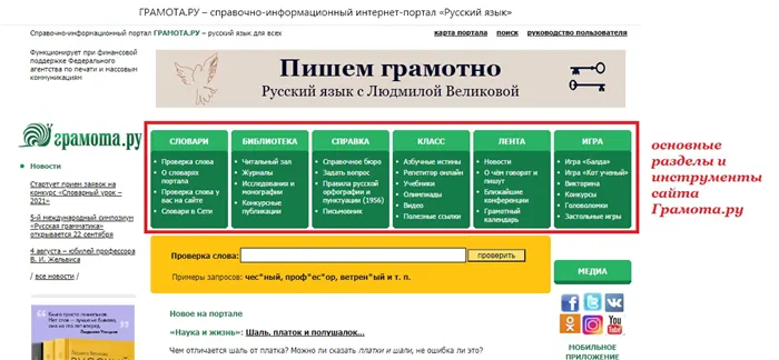 Основные разделы платформы Грамота.ру