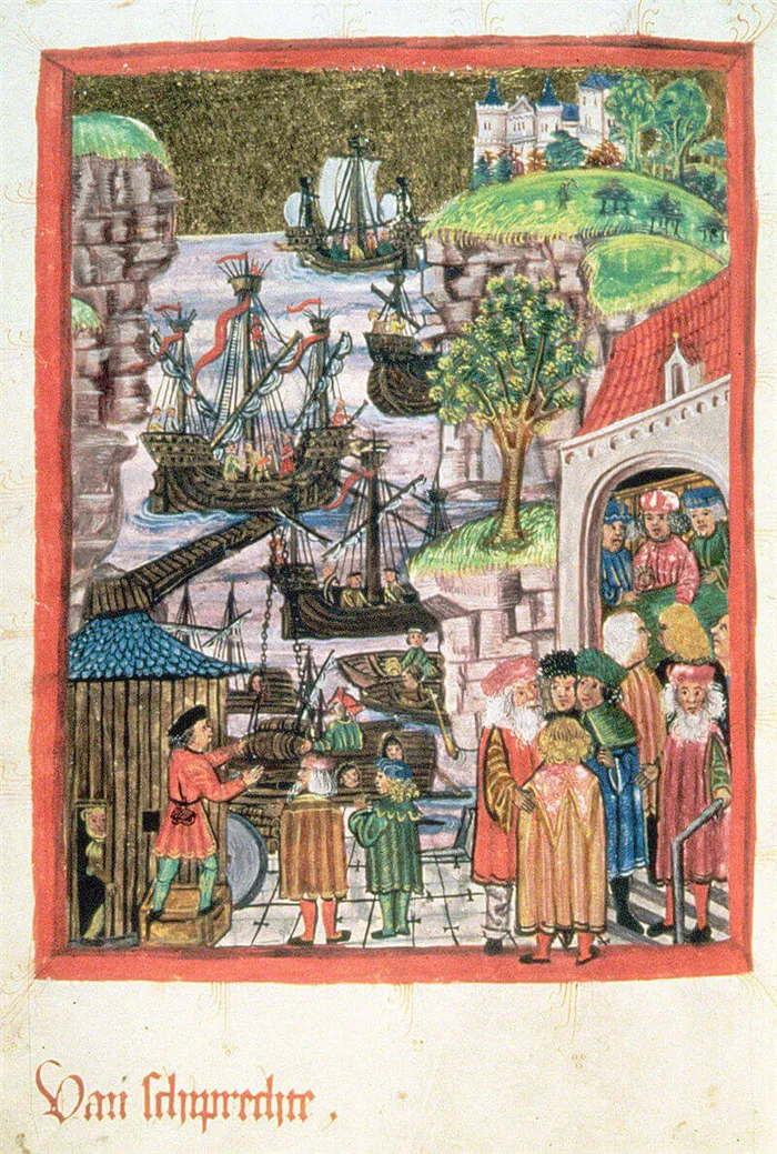 Гавань. Миниатюра шмуцтитула Гамбургского права 1475 года.
