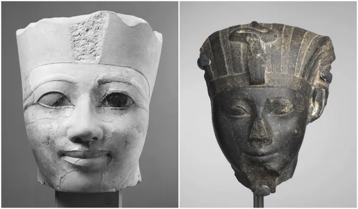 Слева направо: Голова египетской статуи Хатшепсут. \ Голова Тутмоса III.