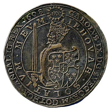 Coin from 1608, with a sword and a shield
