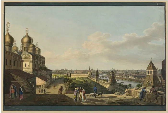 Вид на Москву с балкона Кремлевского дворца в сторону Москворецкого Гравюра Ф. Лорие (или М. Г. Эйхлера) по рисунку Ж. Делабарта. 1797 г.