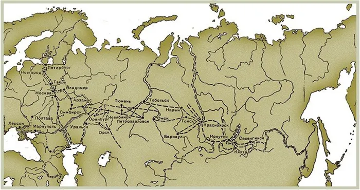 Карта путешествия академика П. С. Палласа (по кн.: Соколов, Парнес, 1993)