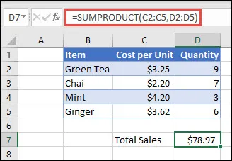 Пример функции СУММПРОИВ, используемой для возврата суммы товаров, проданных по предоставленным затратам на единицу и количеству.